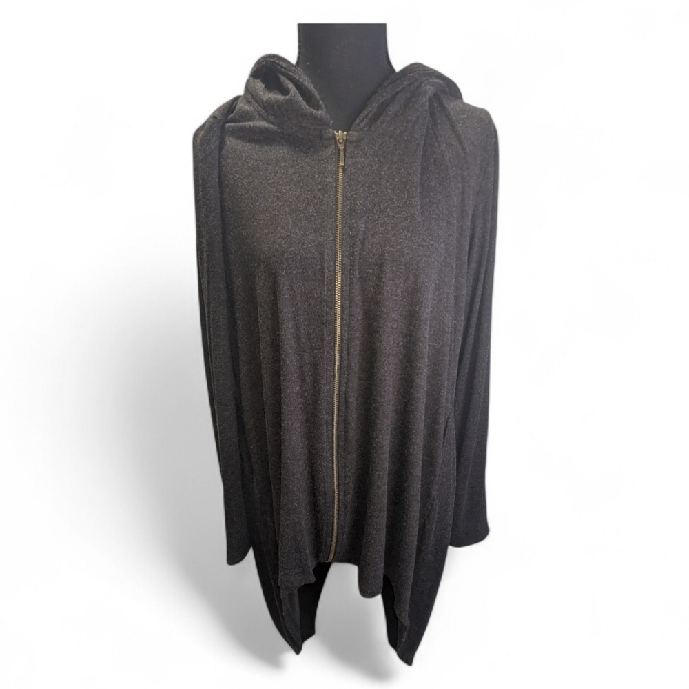 Elegant Black Hooded Boho Lagenlook Cardigan Tunic High Low Size M
